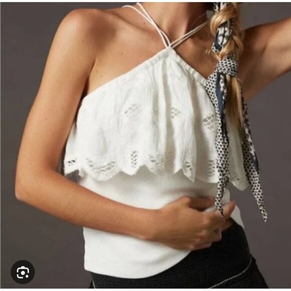 Anthropologie Ruffled Halter Eyelet Tank Blouse Top Ruffle White Womens Sz L - Picture 3 of 16